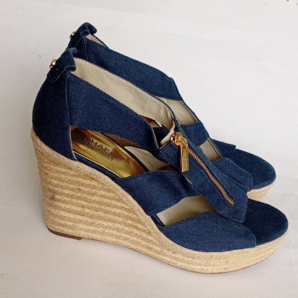 MICHAEL Michael Kors Blue Wedge Espadrille Sandals Gold Zipper Size 10M - Picture 8 of 17